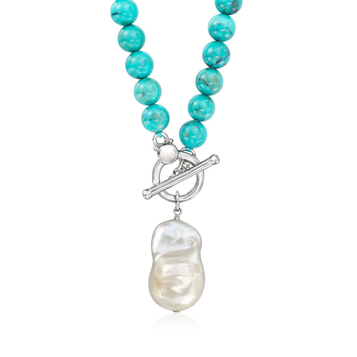12-13mm Cultured Baroque Pearl and 6mm Turquoise Bead Necklace with Sterling Silver