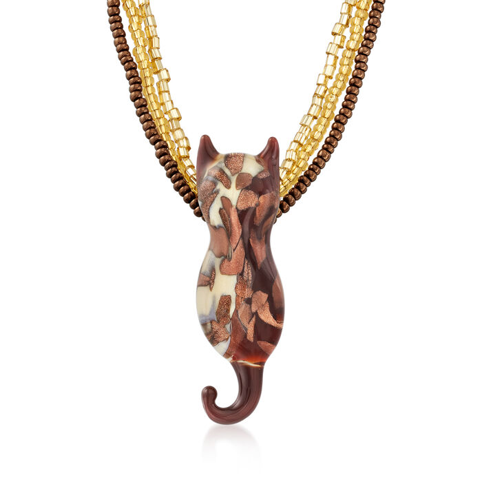 Italian Multicolored Murano Glass Three-Strand Cat Pendant Necklace with 18kt Gold Over Sterling