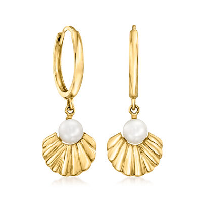 4-4.5mm Cultured Pearl Seashell Hoop Drop Earrings in 14kt Yellow Gold