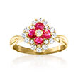 C. 1990 Vintage .50 ct. t.w. Ruby and .40 ct. t.w. Diamond Flower Ring in 18kt Yellow Gold