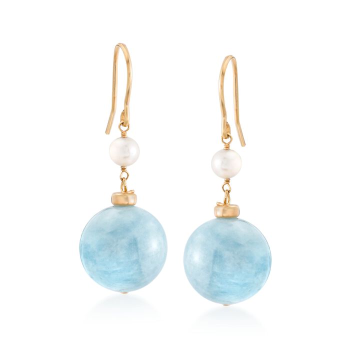 35.00 ct. t.w. Aquamarine and 4-5mm Cultured Pearl Drop Earrings in 18kt Gold Over Sterling