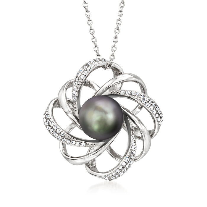 10-11mm Black Cultured Tahitian Pearl and .50 ct. t.w. White Topaz Pendant Necklace in Sterling Silver