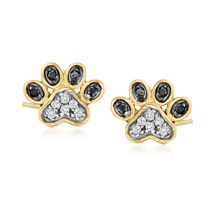 .15 ct. t.w. Black and White Diamond Paw Print Stud Earrings in 18kt Gold Over Sterling