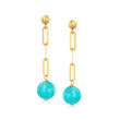 8mm Turquoise Bead Paper Clip Link Drop Earrings in 18kt Gold Over Sterling
