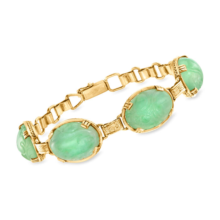C. 1965 Vintage Carved Jade Bracelet in 14kt Yellow Gold