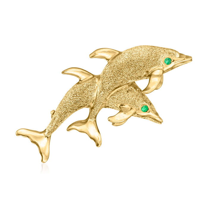C. 1980 Vintage 14kt Yellow Gold Dolphin Pin/Pendant with Emeralds Accents