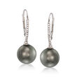 9-9.5mm Black Cultured Tahitian Pearl and .11 ct. t.w. Diamond Earrings in 14kt White Gold
