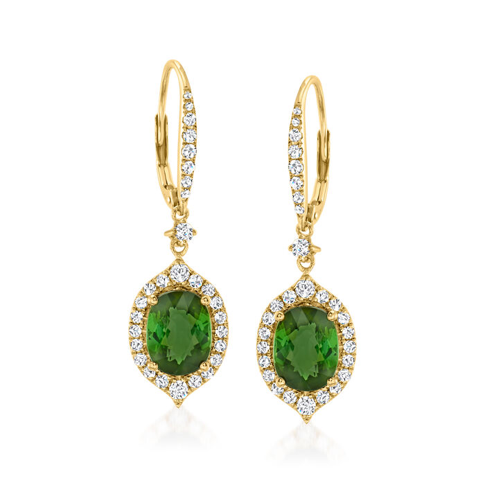 4.20 ct. t.w. Green Tourmaline and .69 ct. t.w. Diamond Drop Earrings in 14kt Yellow Gold