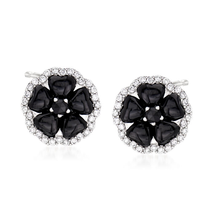 C. 1990 Vintage Crivelli Black Onyx and .50 ct. t.w. Diamond Flower Earrings in 18kt White Gold