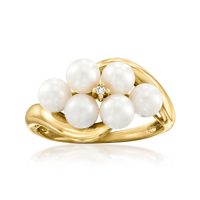C. 1990 Vintage 4.5mm Cultured Pearl Cluster Ring with Diamond Accent in 10kt Yellow Gold