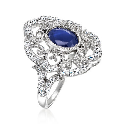 .80 Carat Sapphire and .52 ct. t.w. Diamond Milgrain Ring in Sterling Silver