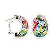 Belle Etoile &quot;Macaw&quot; Multicolored Enamel C-Hoop Earrings with CZ Accents in Sterling Silver