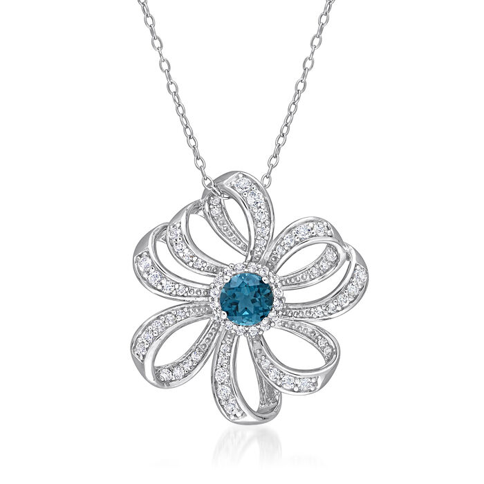 2.10 ct. t.w. White and London Blue Topaz Flower Pendant Necklace in Sterling Silver