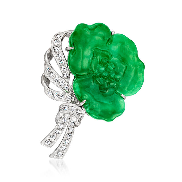Jade and .42 ct. t.w. Diamond Flower Pin in 18kt White Gold