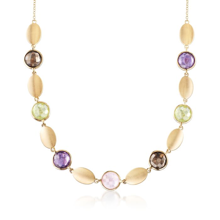 Italian Multicolored Quartz and 9.00 ct. t.w. Amethyst Station Necklace in 14kt Yellow Gold