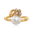 C. 1980 Vintage 7mm Cultured Pearl Ring and .12 ct. t.w. Pink and Cognac Diamond Cluster Ring in 14kt Yellow Gold