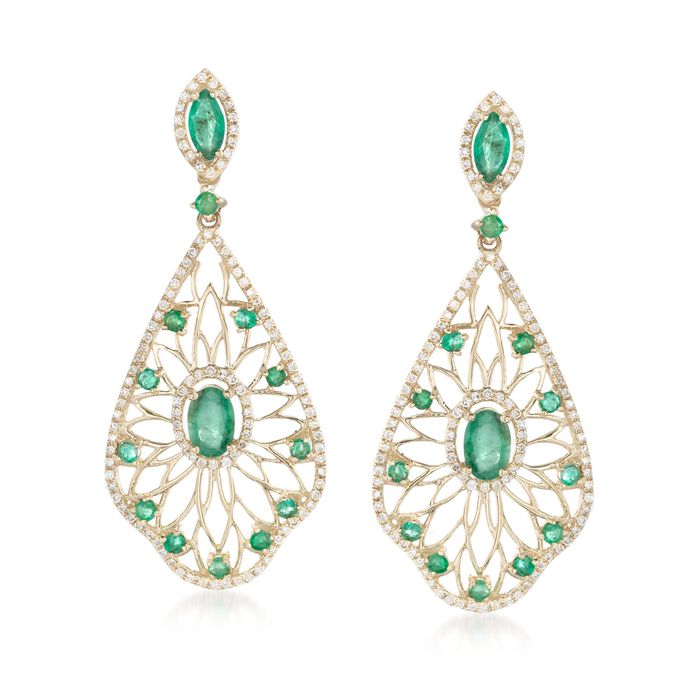 1.78 ct. t.w. Emerald and .58 ct. t.w. Diamond Openwork Earrings in 14kt Yellow Gold