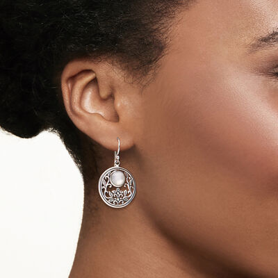 Mother-of-Pearl Bali-Style Filigree Circle Drop Earrings in Sterling Silver