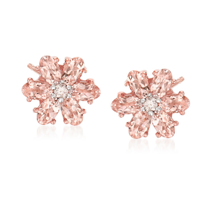 2.20 ct. t.w. Morganite and .12 ct. t.w. Diamond Flower Earrings in 14kt Rose Gold Over Sterling