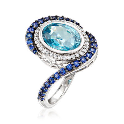 3.60 Carat Blue Zircon Ring with .60 ct. t.w. Sapphire and .13 ct. t.w. Diamonds in 18kt White Gold