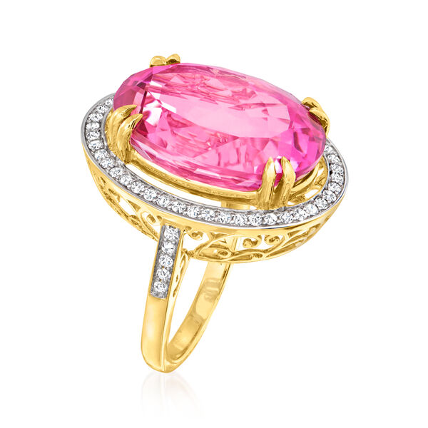 20.00 Carat Pink Topaz and .52 ct. t.w. Diamond Ring in 14kt Yellow Gold. #944569