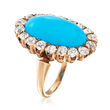 C. 1920 Vintage Aqua Turquoise and 1.10 ct. t.w. Diamond Halo Ring in 14kt Yellow Gold