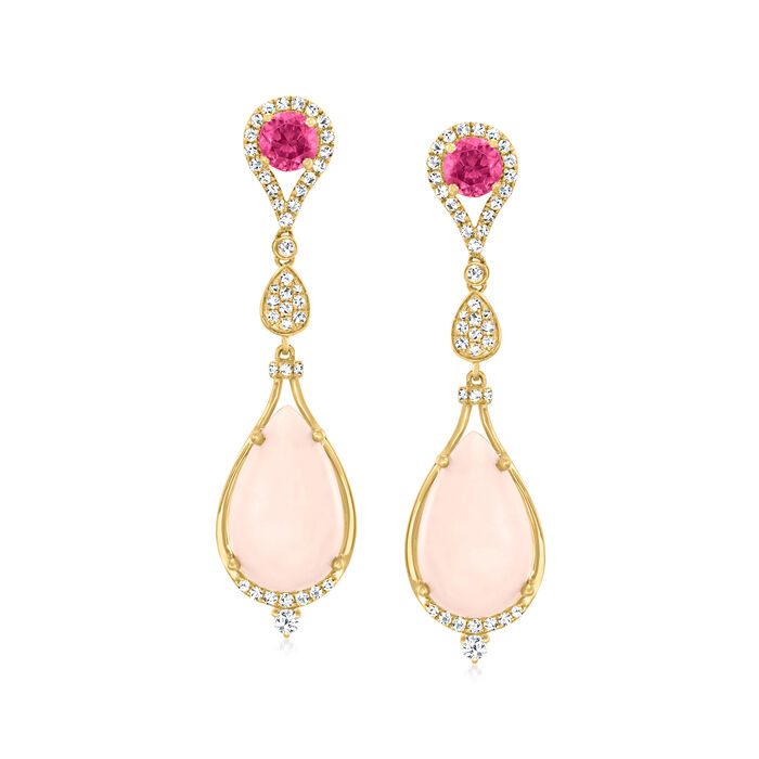 Pink Opal, .90 ct. t.w. Pink Tourmaline and .51 ct. t.w. Diamond Drop Earrings in 14kt Yellow Gold