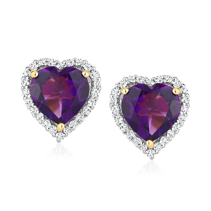 3.00 ct. t.w. Amethyst Heart Earrings with .40 ct. t.w. White Topaz in 18kt Gold Over Sterling