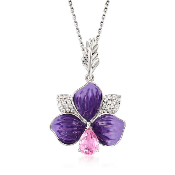 1.50 ct. t.w. Pink and White Topaz Flower Pendant Necklace with Purple Enamel in Sterling Silver