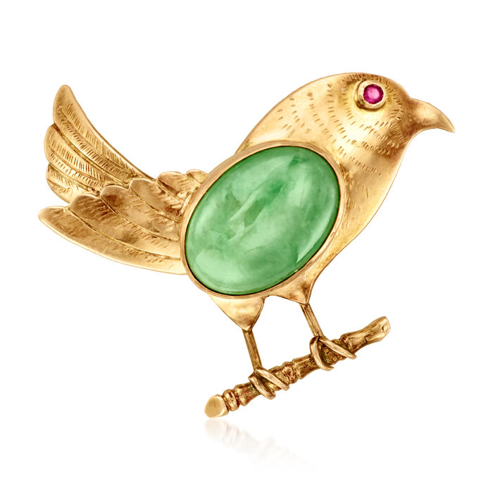 C. 1960 Vintage Jade Bird Pin with Ruby Accent in 14kt Yellow Gold