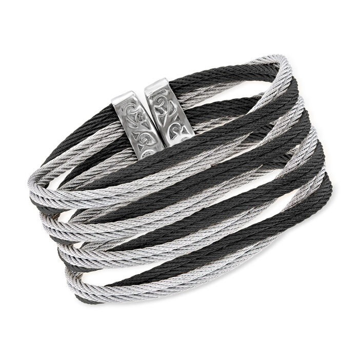 ALOR &quot;Noir&quot; Black and Gray Stainless Steel Cable Crisscross Cuff Bracelet