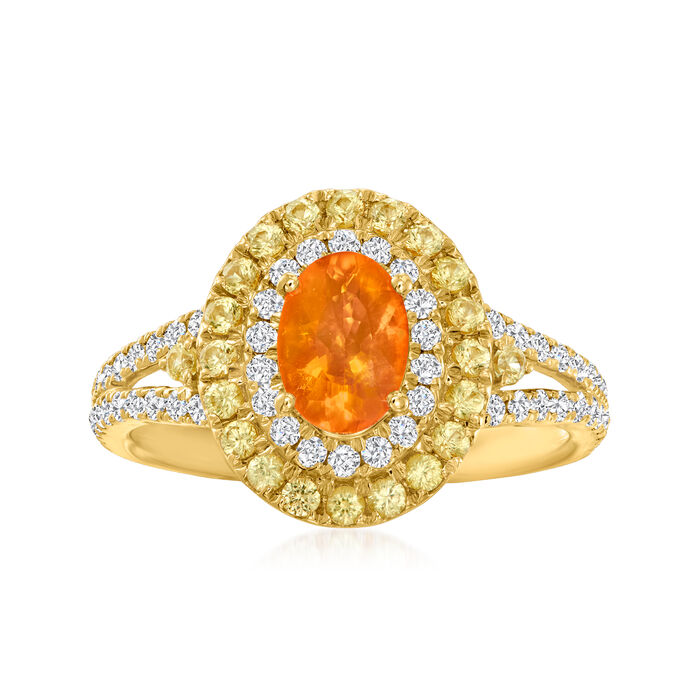 Fire Opal Ring with .60 ct. t.w. Yellow Sapphires and .50 ct. t.w. Diamonds in 14kt Yellow Gold