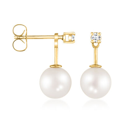 7-8mm Cultured Akoya Pearl Removable Drop Earrings with .10 ct. t.w. Diamonds in 14kt Yellow Gold
