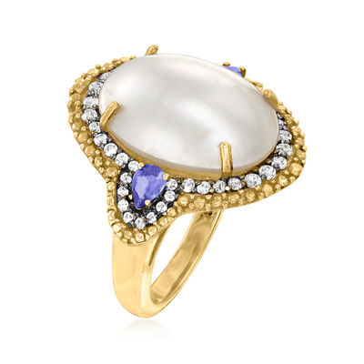 12x16mm Cultured Mabe Pearl Ring with .40 ct. t.w. Tanzanite and .40 ct. t.w. White Topaz in 18kt Gold Over Sterling