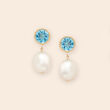 9.5-10mm Cultured Pearl and 4.00 ct. t.w. Sky Blue Topaz Drop Earrings in 14kt Yellow Gold