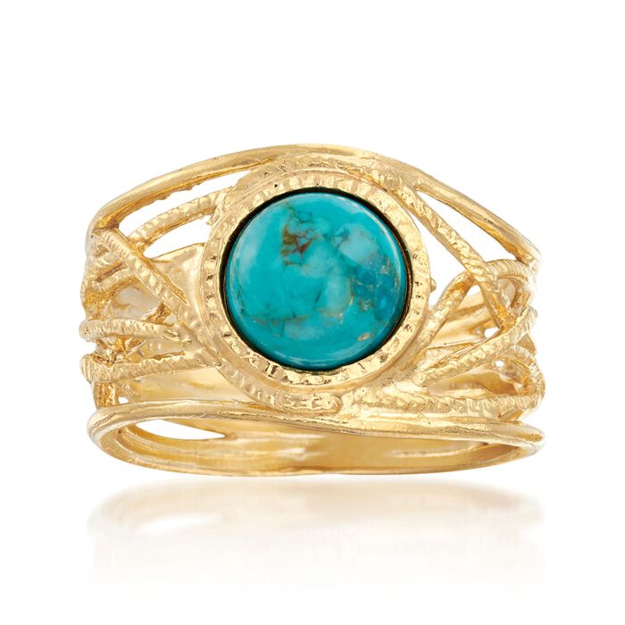 Round Turquoise Textured Openwork Ring in 18kt Gold Over Sterling