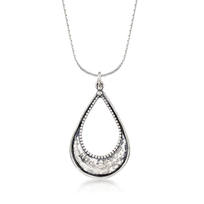 Sterling Silver Textured and Polished Open Teardrop Necklace