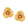 C. 1980 Vintage .75 ct. t.w. Ruby Flower Clip-On Earrings with Diamond Accents in 18kt Yellow Gold
