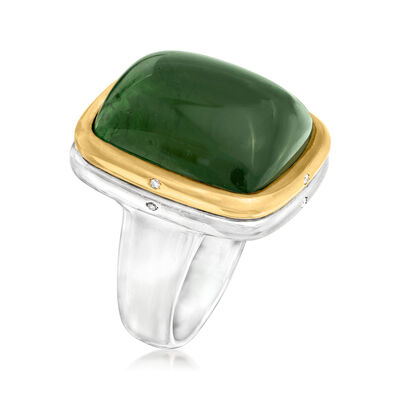 C. 1980 Vintage 36.05 Carat Green Tourmaline Ring with Diamond Accents in 18kt Yellow Gold and Platinum
