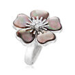 C. 1990 Vintage Black Mother-of-Pearl Flower Ring with .15 ct. t.w. Diamonds in 18kt White Gold