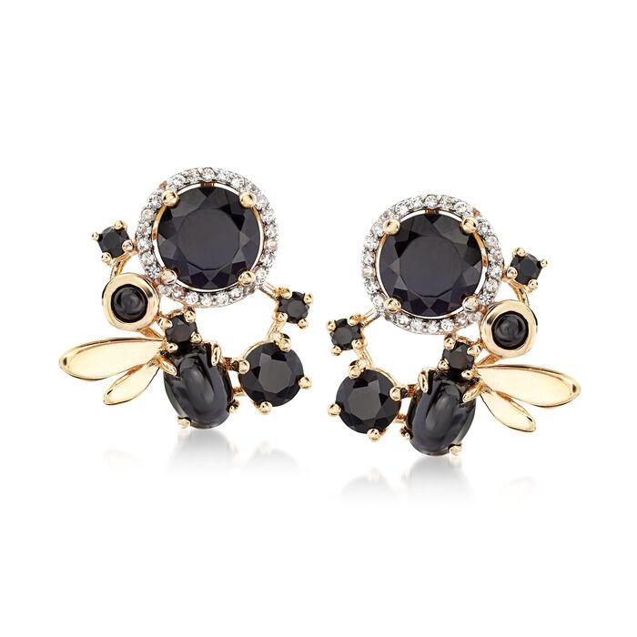 Black Onyx and .20 ct. t.w. White Topaz Drop Earrings in 14kt Yellow Gold Over Sterling Silver