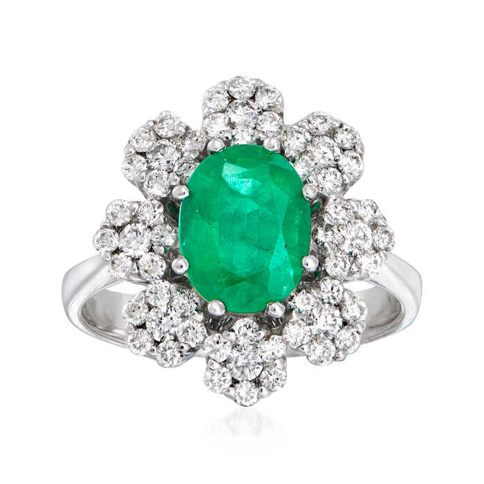 1.70 Carat Emerald and .84 ct. t.w. Diamond Flower Ring in 14kt White Gold