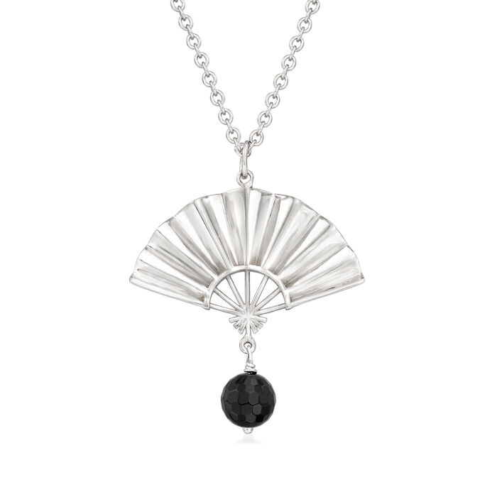Italian Sterling Silver Fan Necklace with Black Onyx Bead