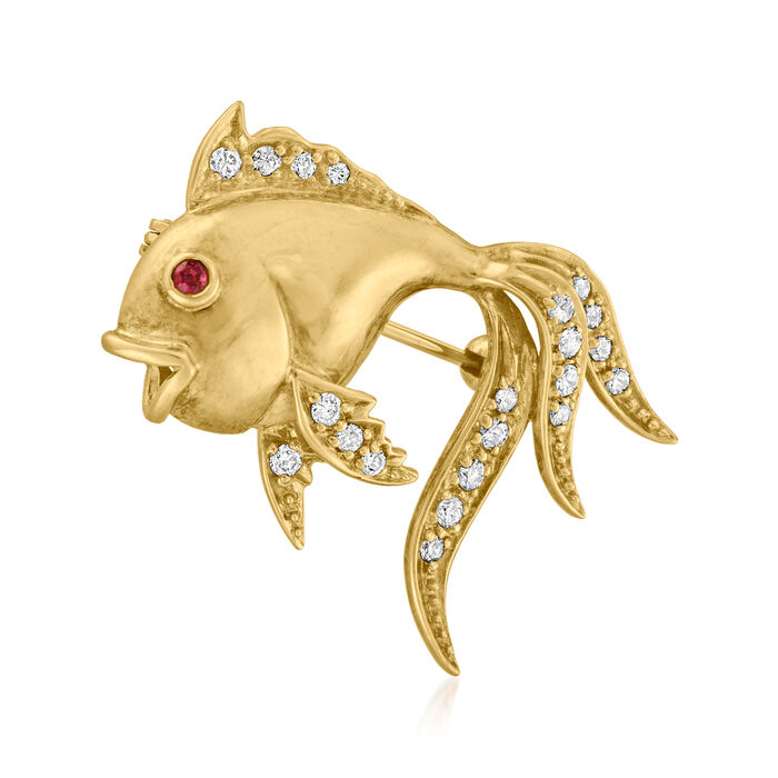 C. 1970 Vintage .50 ct. t.w. Diamond Fish Pin with Ruby Accents in 18kt Yellow Gold