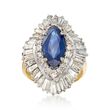C. 1970 Vintage 2.80 Carat Sapphire and 4.50 ct. t.w. Diamond Navette Ring in 18kt Yellow Gold