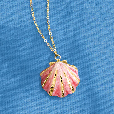 Italian Pink and White Enamel Seashell Necklace in 14kt Yellow Gold
