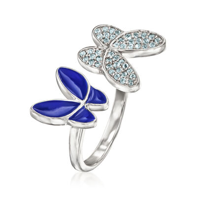 .20 ct. t.w. Swiss Blue Topaz and Blue Enamel Butterfly Ring in Sterling Silver