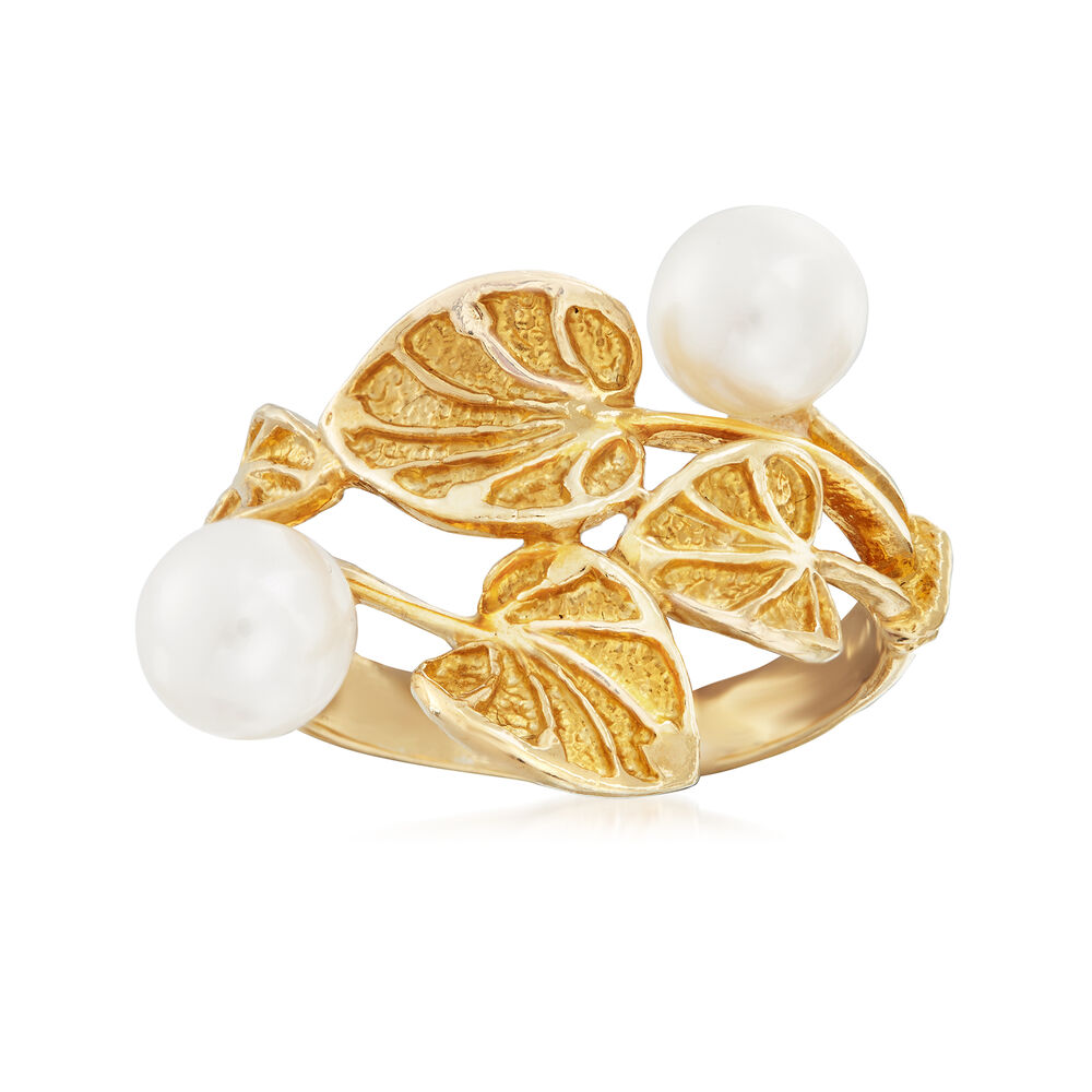 Italian Cultured Pearl and Vine Motif Ring in 24kt Gold Over Sterling ...