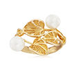Italian Cultured Pearl and Vine Motif Ring in 24kt Gold Over Sterling