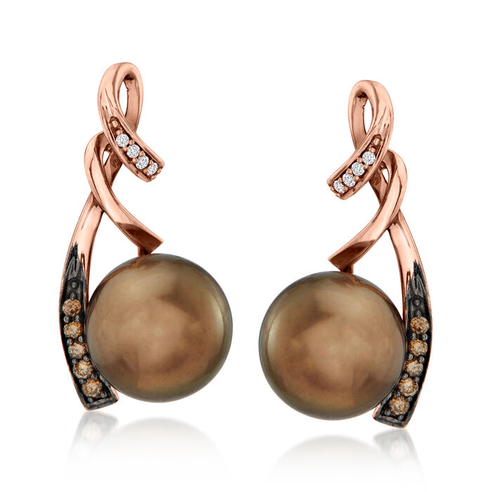 Le Vian 9-10mm Chocolate Pearl Twisted Drop Earrings with .11 ct. t.w. Chocolate and Vanilla Diamonds in 14kt Strawberry Gold